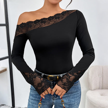 Bodycon Bodysuit with One-Shoulder and Lace Trim