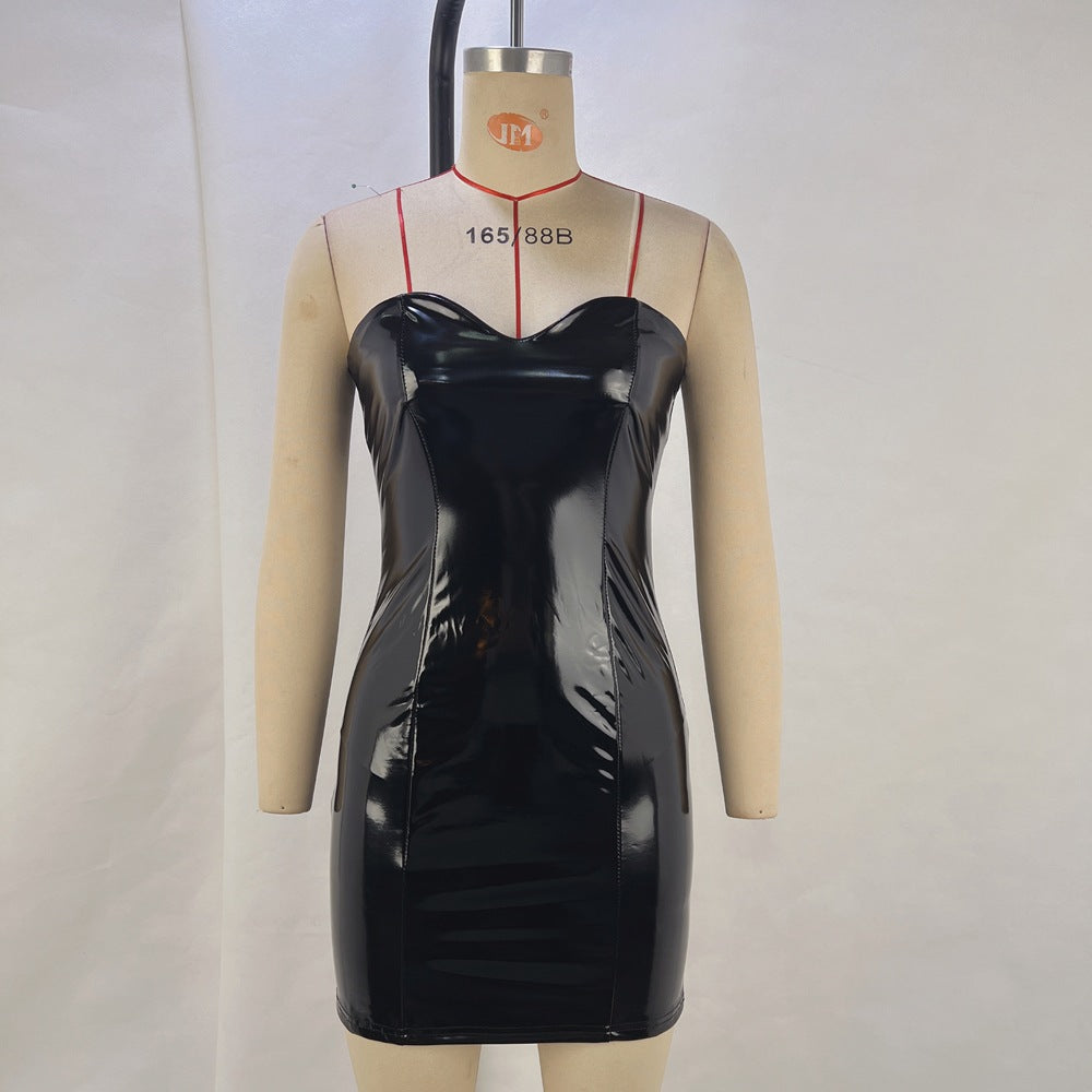 Strapless PU Bodycon Mini Dress with Stitching Detail