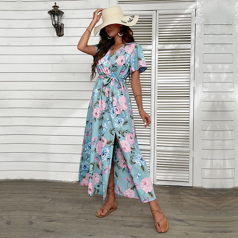 Floral Print A-Line Maxi Dress with V-Neck and Split Hem