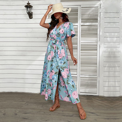 Floral Print A-Line Maxi Dress with V-Neck and Split Hem