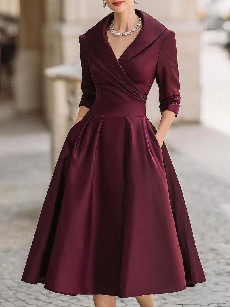 A-Line Midi Dress with Shawl Collar and Cuffed 3/4 Sleeves