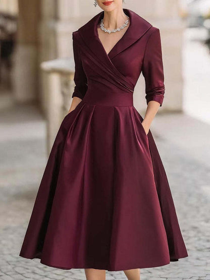 A-Line Midi Dress with Shawl Collar and Cuffed 3/4 Sleeves