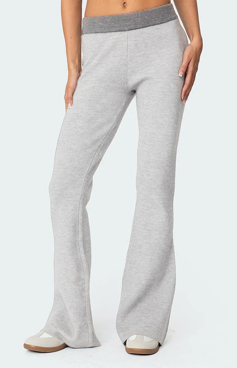 Ribbed Color-Block Flared Pants with Contrast Waistband