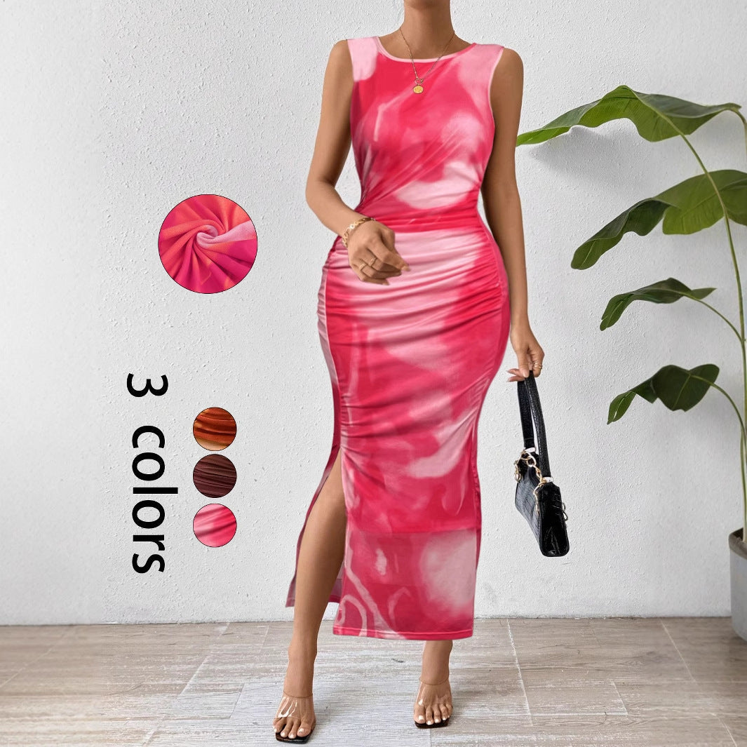 Sleeveless Ruched Bodycon Dress with Abstract Print and Side Slit