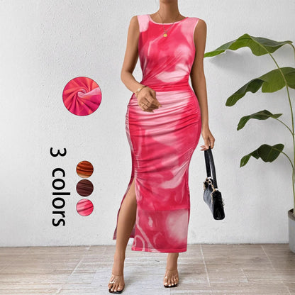 Sleeveless Ruched Bodycon Dress with Abstract Print and Side Slit