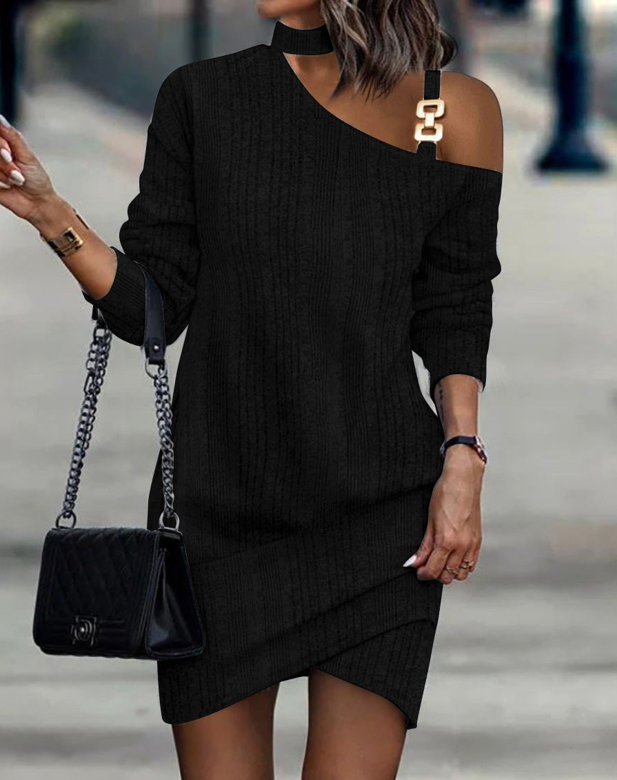 Ribbed Knit Mini Dress with Choker Halter and Buckle Shoulder