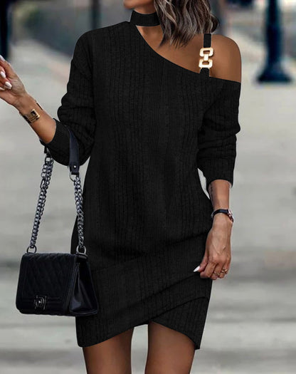 Ribbed Knit Mini Dress with Choker Halter and Buckle Shoulder