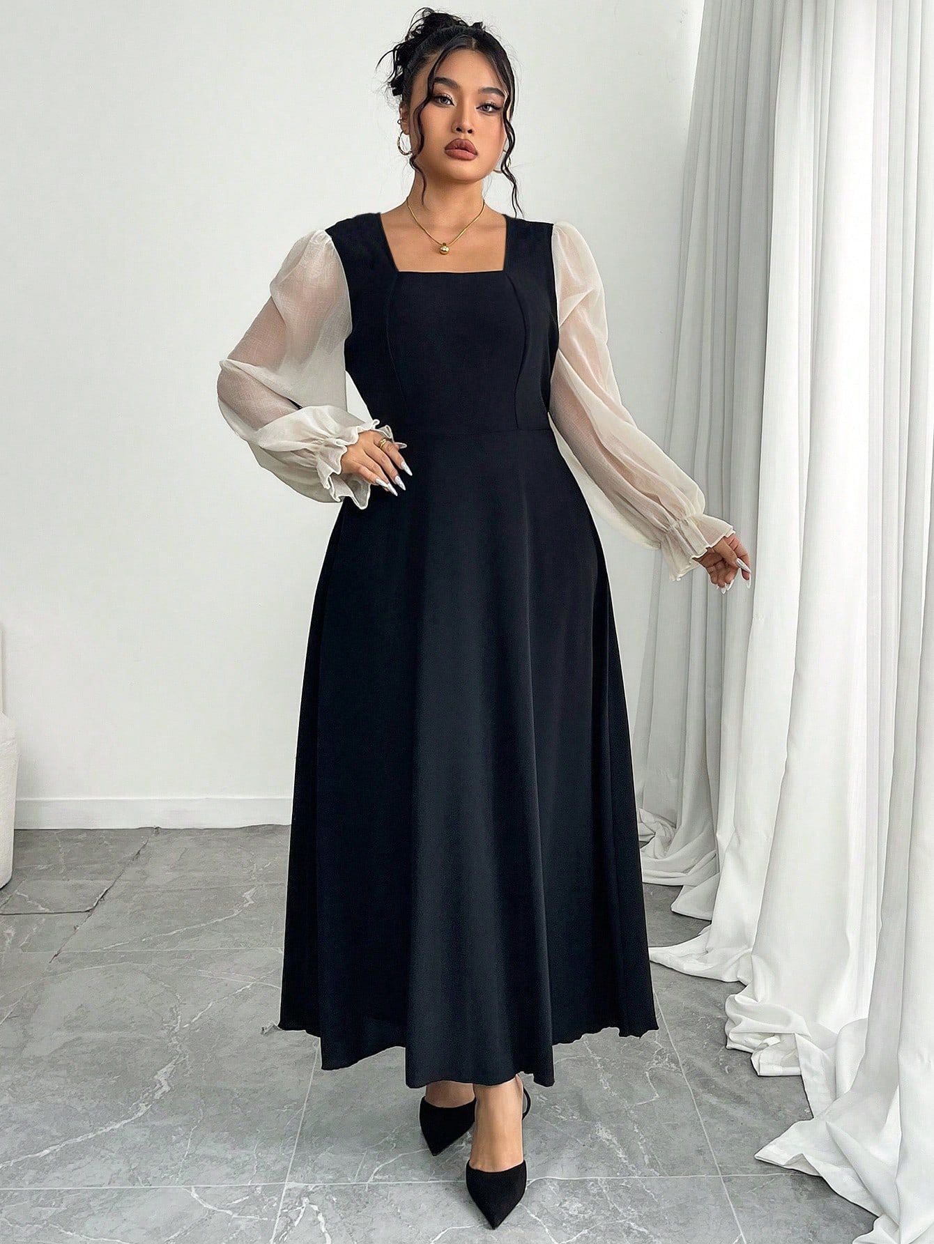 A-Line Maxi Dress with Square Neck and Sheer Puff Sleeves