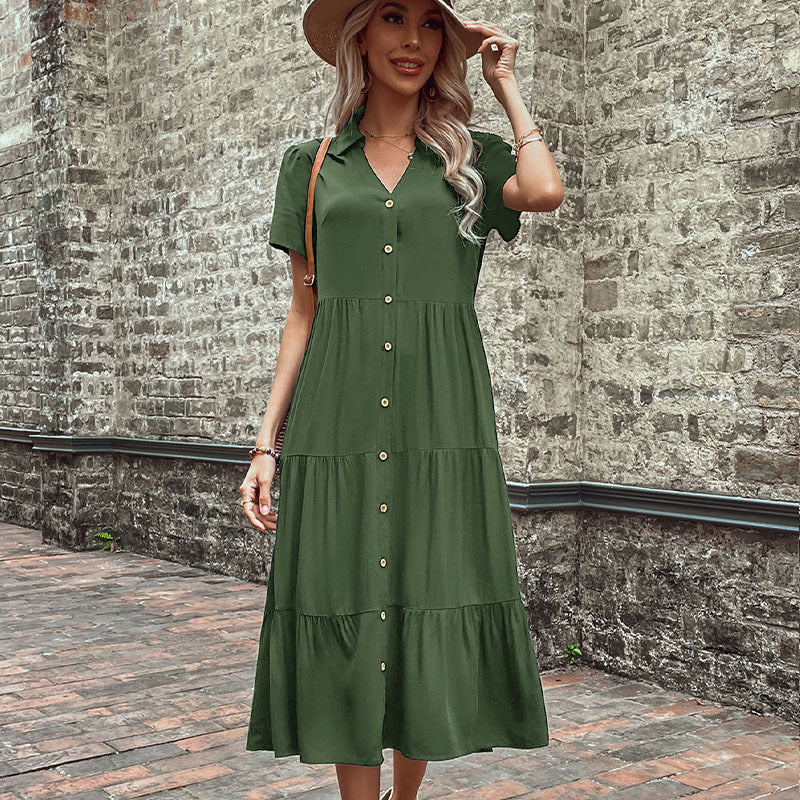 Solid Tiered Midi Shirt Dress with V-Neck and Button Front
