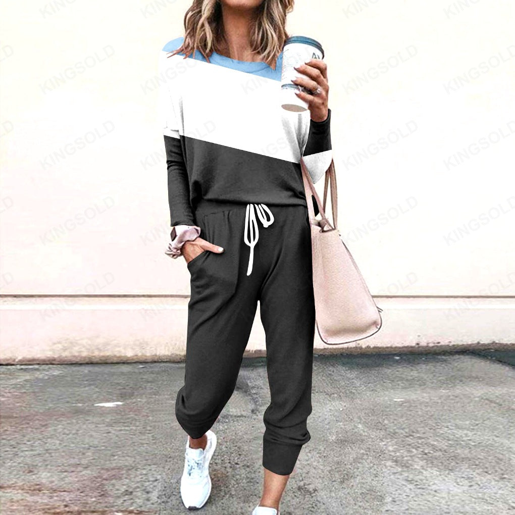 Spliced Long Sleeve Loungewear Set with Jogger Pants