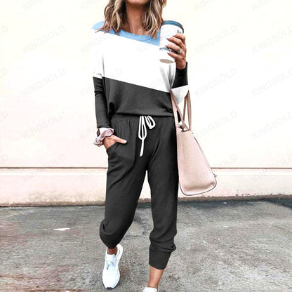 Spliced Long Sleeve Loungewear Set with Jogger Pants