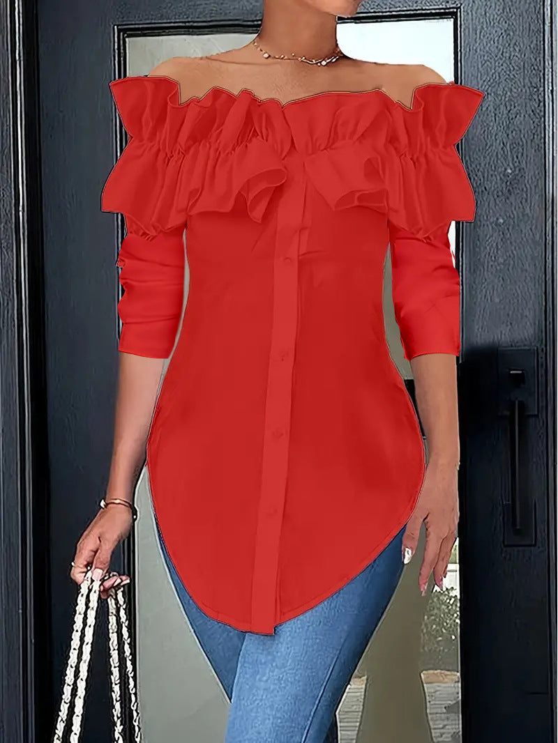 Solid Off-Shoulder Ruffled Button-Down Blouse