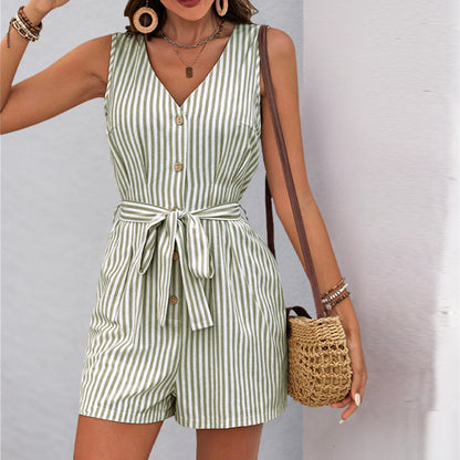 Sleeveless Striped Romper with V-Neck and Tie-Waist