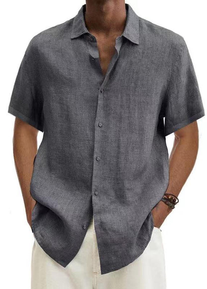 Solid Linen-Blend Short Sleeve Button-Down Shirt