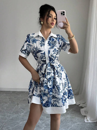 A-Line Floral Print Dress with Shirt Collar and Tie Waist