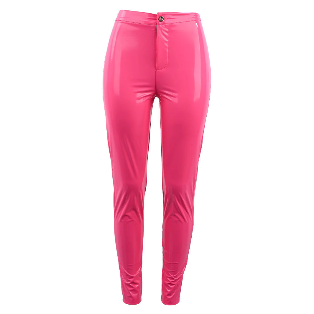Mid-Rise Skinny Pencil Pants in Rose Red Faux Leather