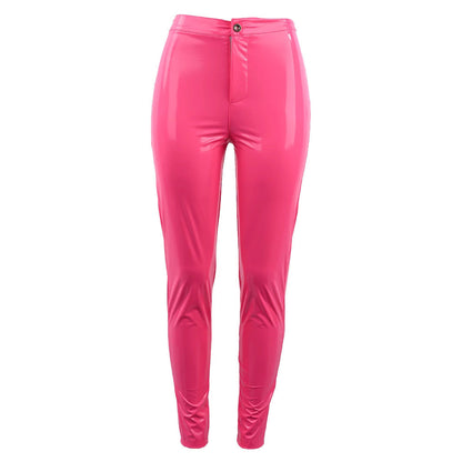 Mid-Rise Skinny Pencil Pants in Rose Red Faux Leather