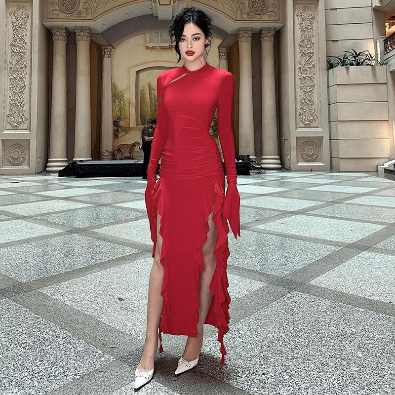 Slim Fit Long Sleeve Split Dress Elegant Flounce