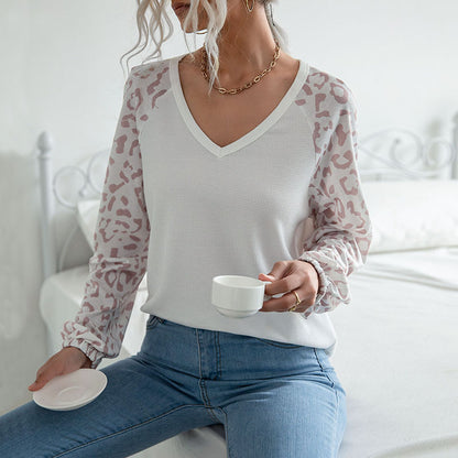 Leopard Print Raglan Sleeve Waffle Knit Top with V-Neck