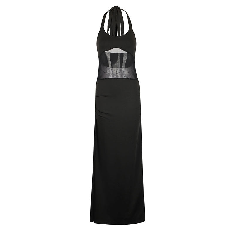 Bodycon Halterneck Maxi Dress with Sheer Mesh Panel