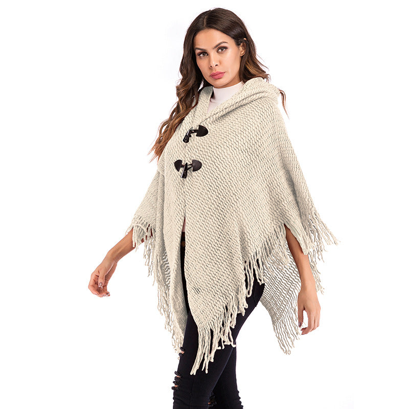 Color-Blocked Plaid Cape with Turtleneck and Fringe Hem