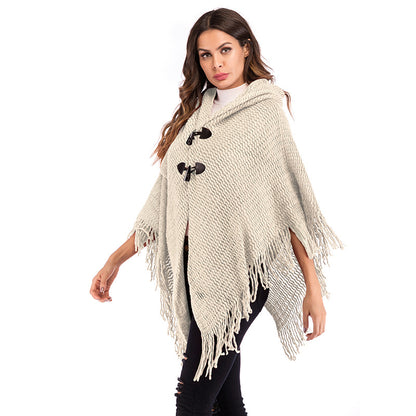Color-Blocked Plaid Cape with Turtleneck and Fringe Hem