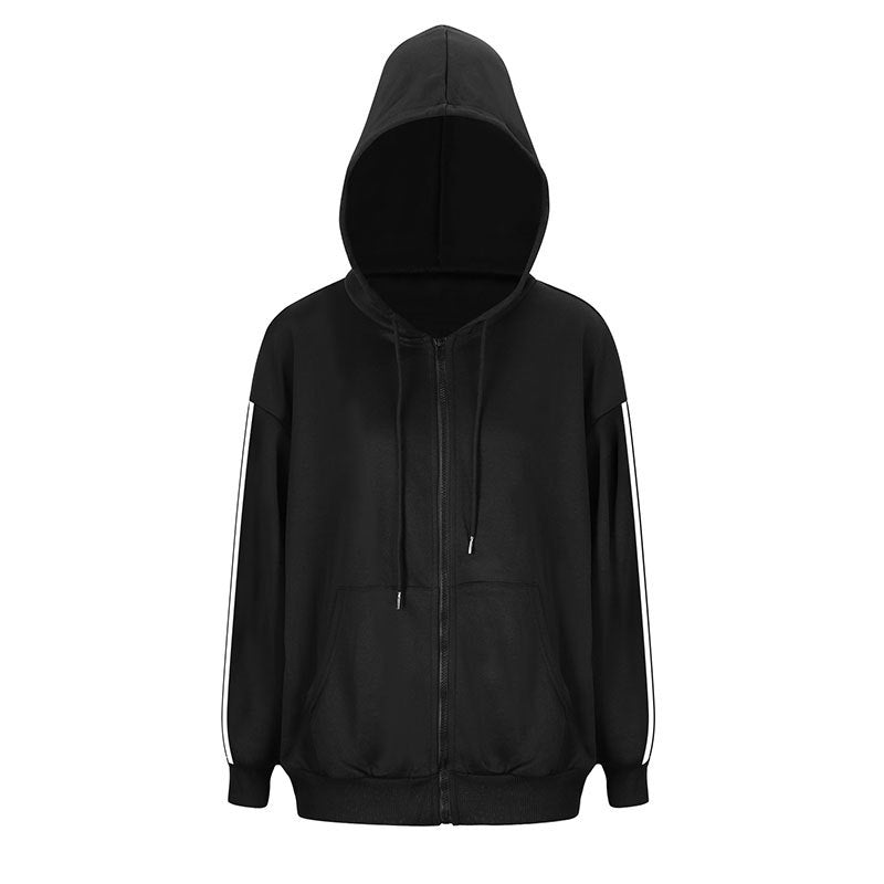 Loose Fit Textured Zip-Up Hoodie with Striped Sleeves