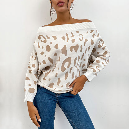 Leopard Print Off-Shoulder Knit Sweater with Long Sleeves