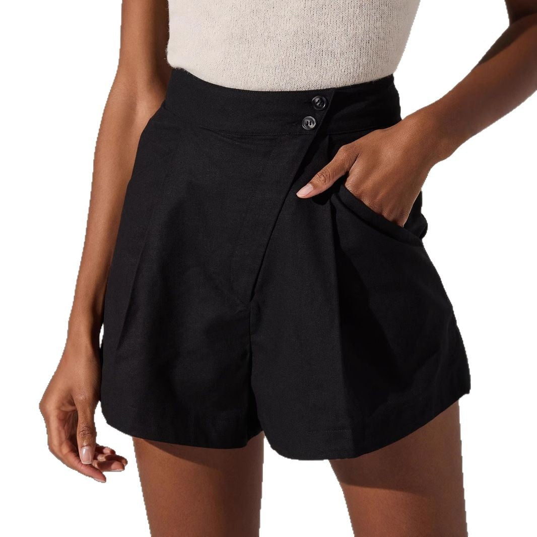 High-Waist Wrap-Front Shorts with Pleats and Pockets