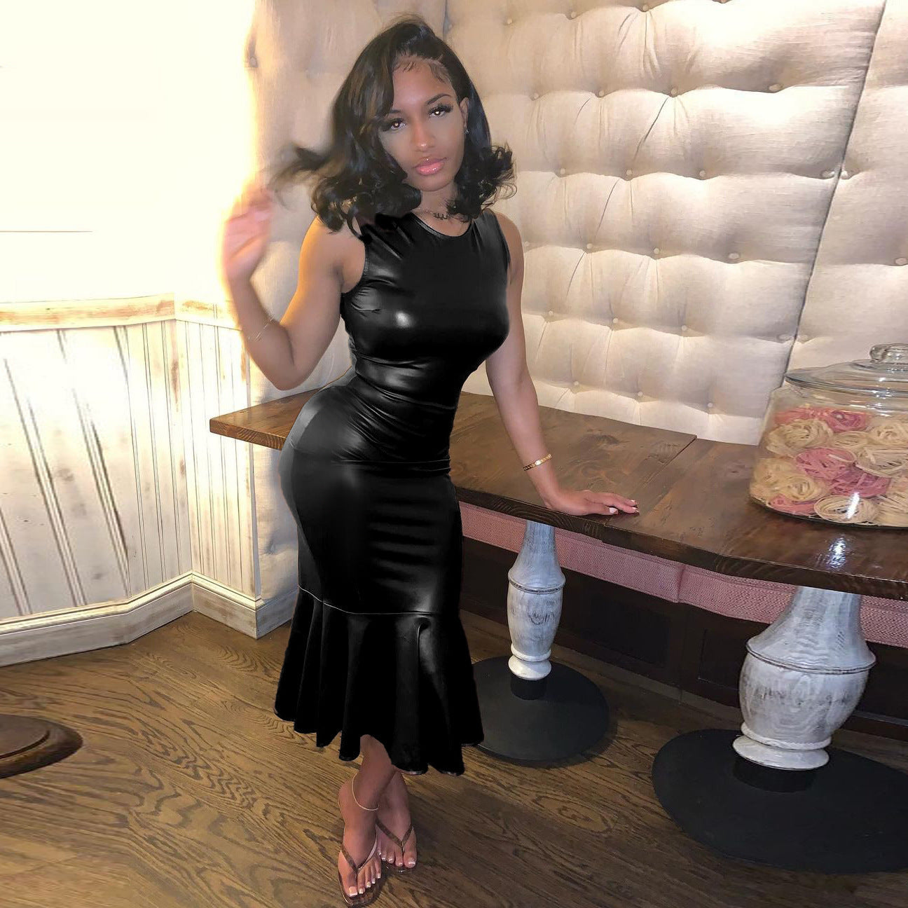 Bodycon PU Leather Midi Dress with Flared Fishtail Hem