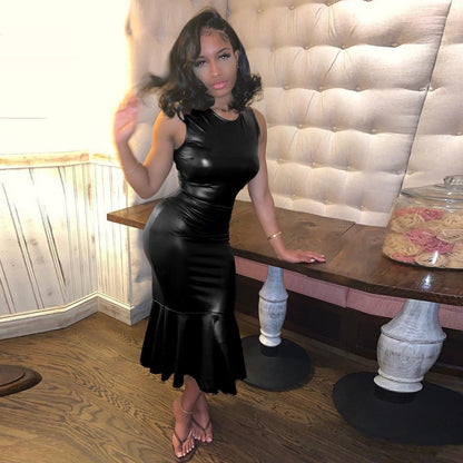Bodycon PU Leather Midi Dress with Flared Fishtail Hem