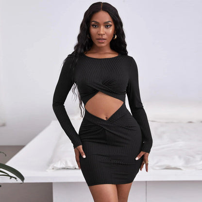 Ribbed Bodycon Mini Dress with Waist Cutout and Long Sleeves