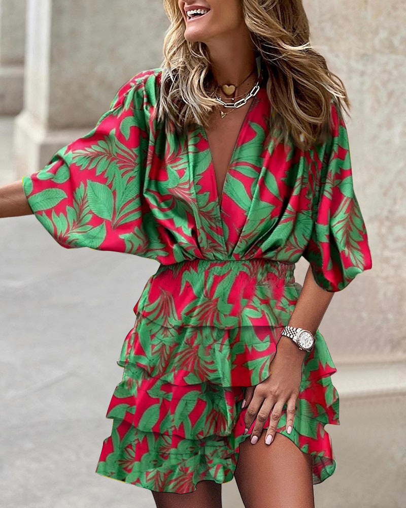 Tiered Mini Dress with Bat Sleeves and V-Neck