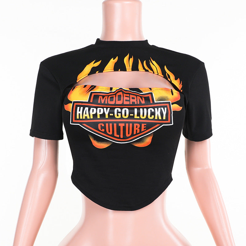 Slim Graphic Print T-Shirt with Front Cut-Out Detail