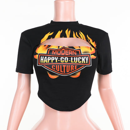 Slim Graphic Print T-Shirt with Front Cut-Out Detail