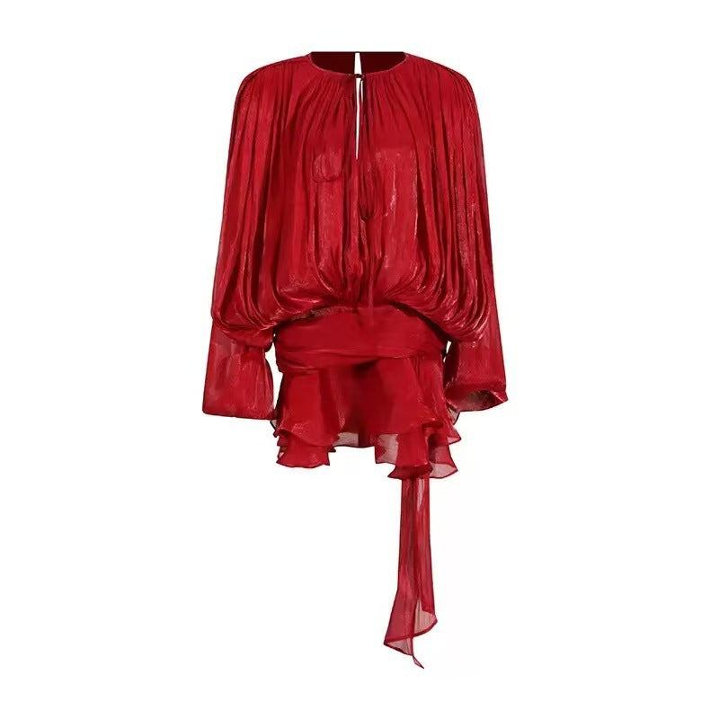 Pleated Two-Piece Set with Lantern Sleeves and Ruffled Skirt