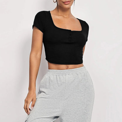 Short Sleeve Ribbed Crop Top with Square Neck and Buttons