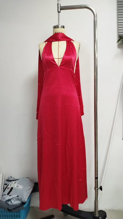 Halter Sheath Maxi Dress with Choker Collar and V-Neck