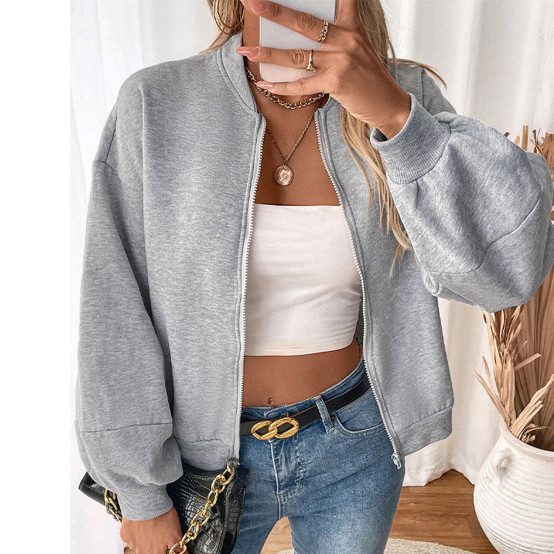 Solid Color Bomber Jacket with Fleece Lining and Lantern Sleeves
