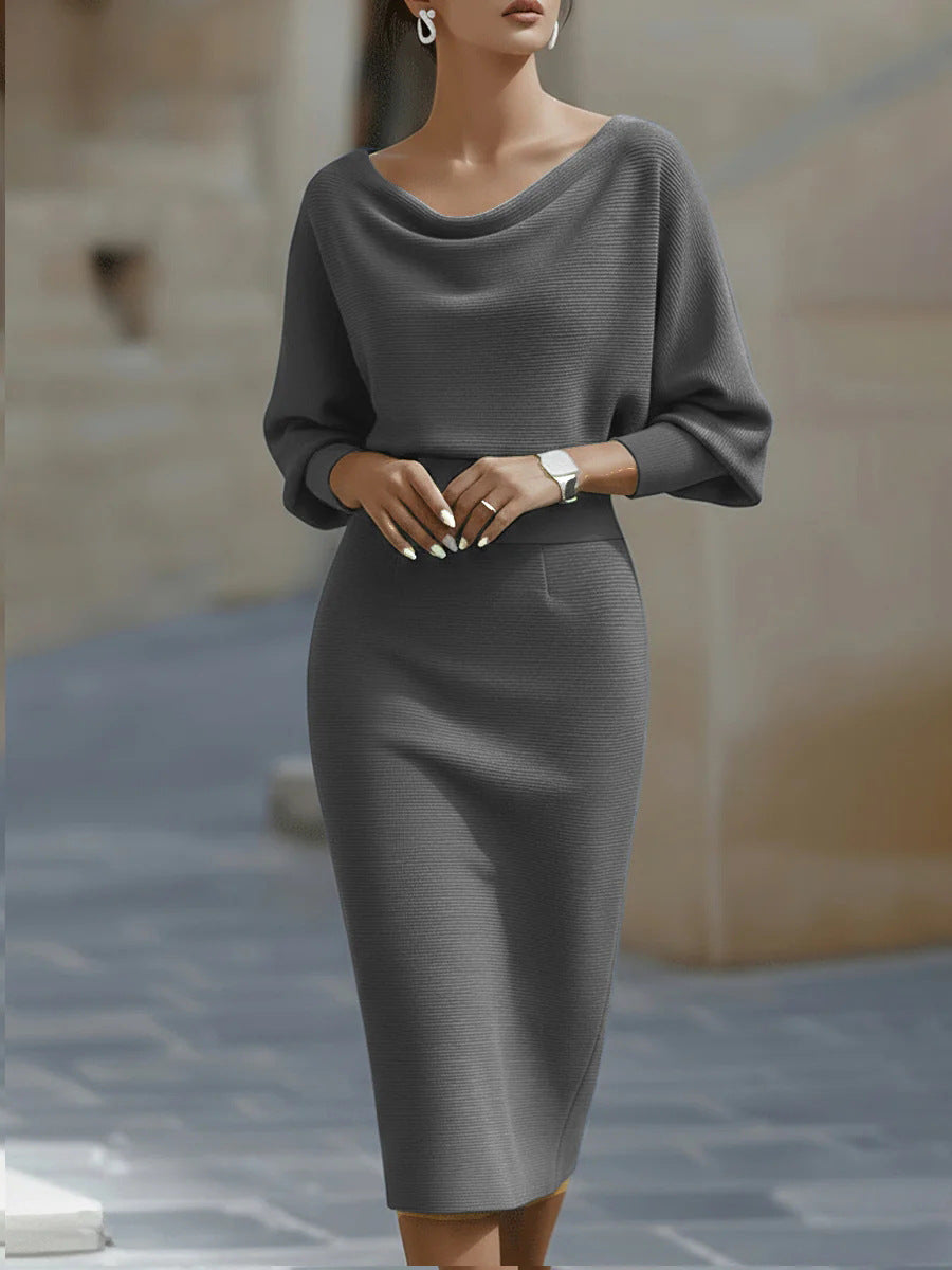 Ribbed Knit Sheath Dress with Cowl Neck and Dolman Sleeves