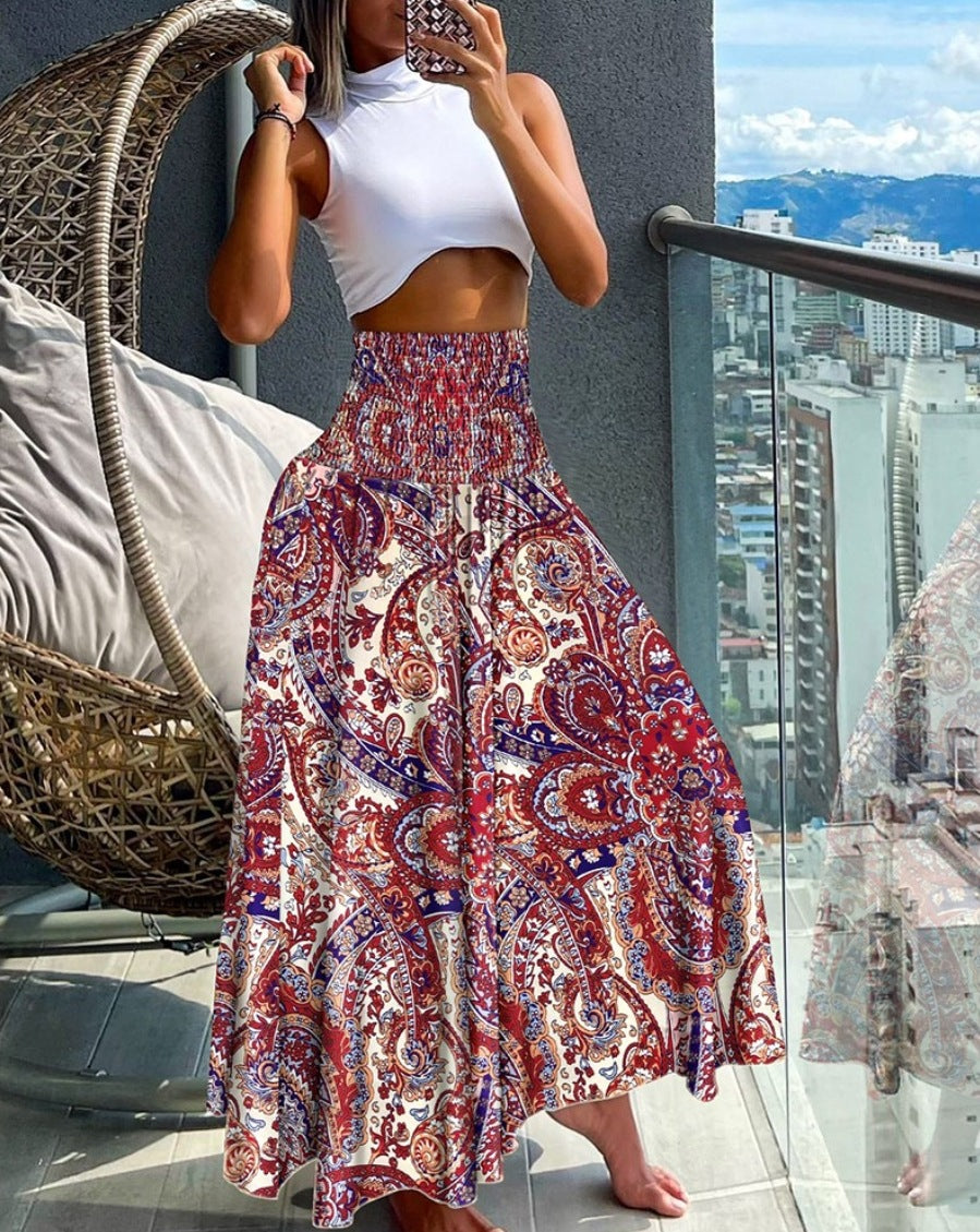 Bohemian Print A-Line Maxi Skirt with High Smocked Waist