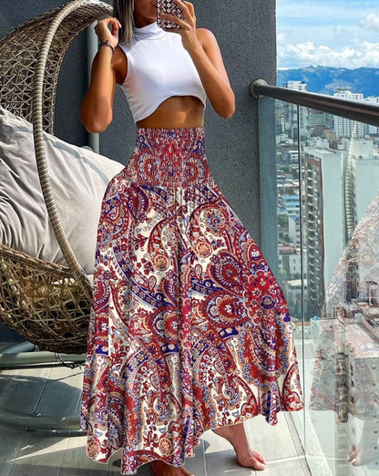 Bohemian Print A-Line Maxi Skirt with High Smocked Waist