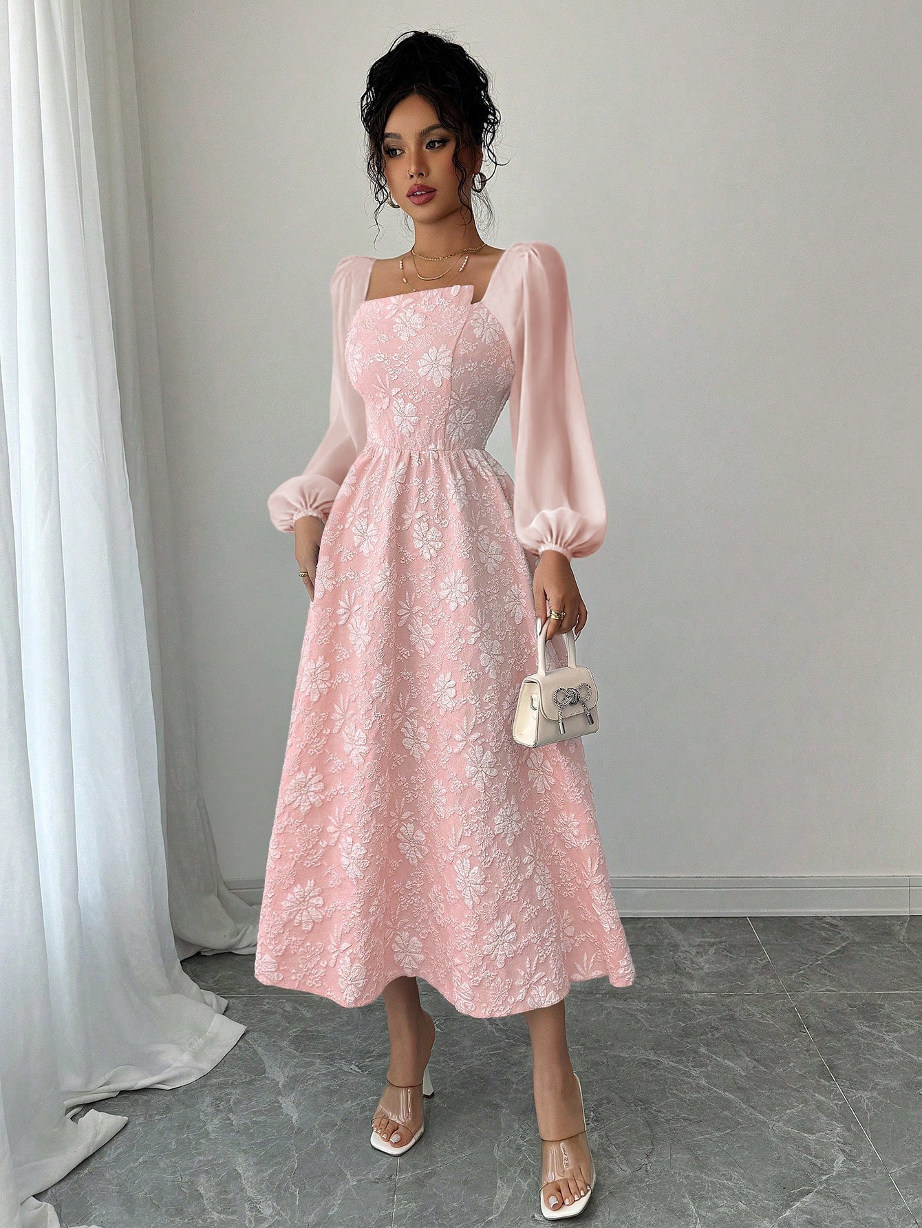 A-Line Floral Print Dress with Square Neck and Puff Sleeves