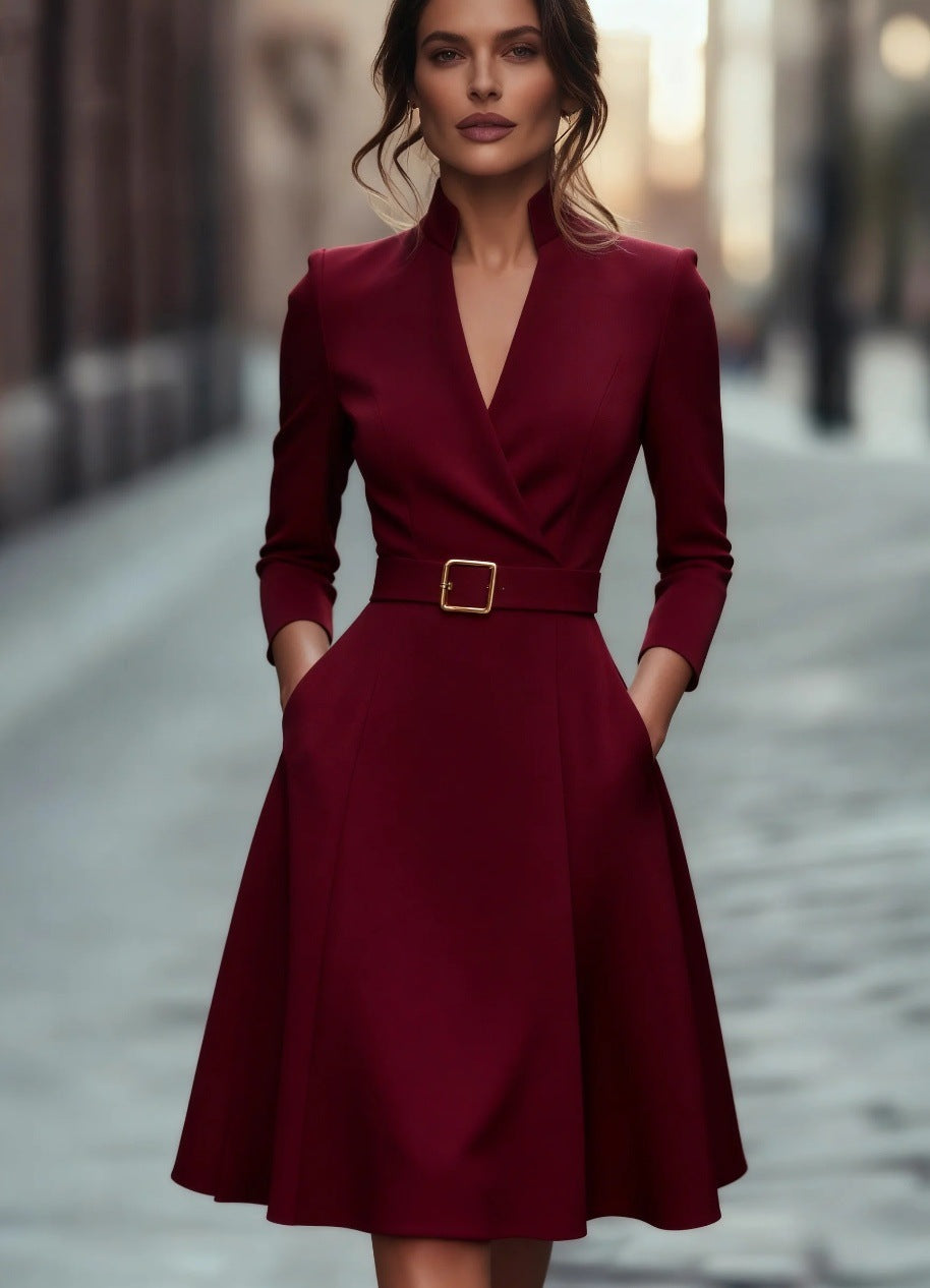 A-Line Midi Dress with Wrap V-Neck and Belted Waist