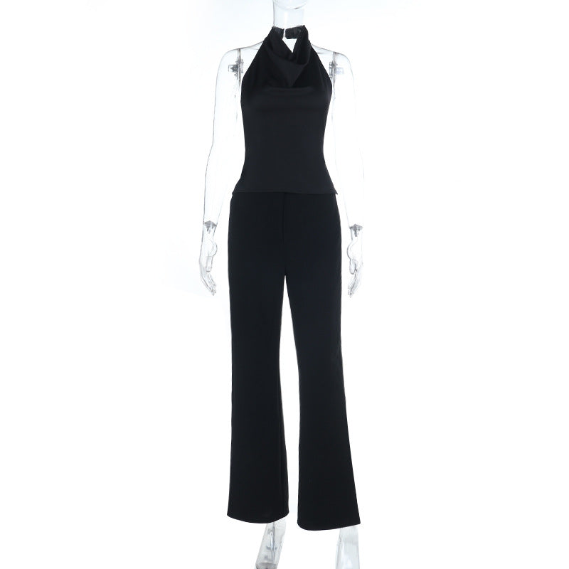 Slimming Solid Color Two-Piece Suit Vest Top Trousers Black