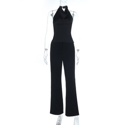 Slimming Solid Color Two-Piece Suit Vest Top Trousers Black