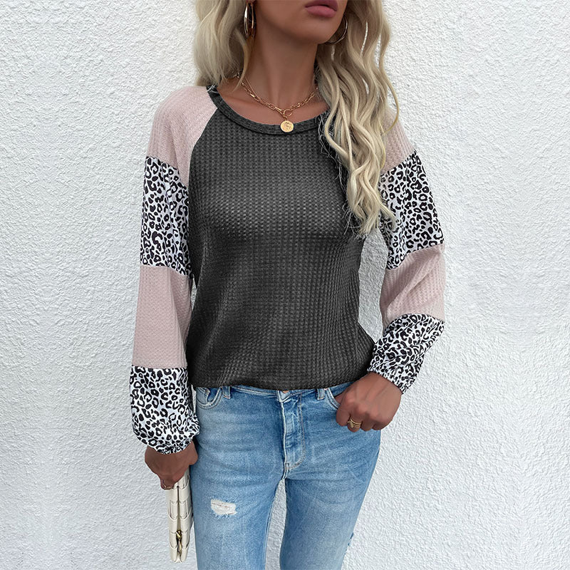 Crewneck Waffle Knit Top with Leopard Print Color-Block Sleeves