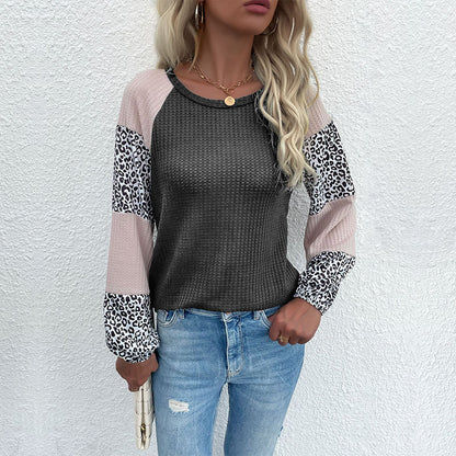 Crewneck Waffle Knit Top with Leopard Print Color-Block Sleeves
