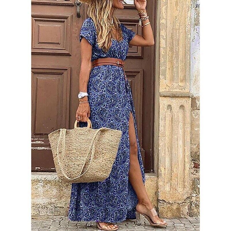 Bohemian Print Maxi Dress with V-Neck and Side Slit