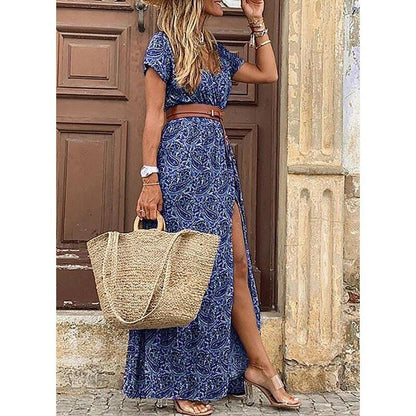 Bohemian Print Maxi Dress with V-Neck and Side Slit